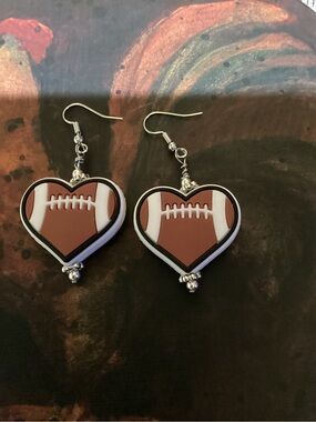 Heart Football Dangle Earrings - Brown & White Game Day Style